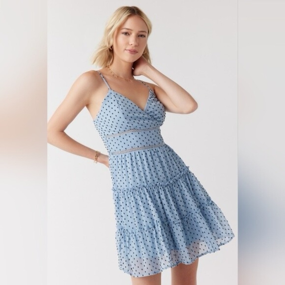 TRIXXI Clothing Company Blue Polka‎ Dot Tiered Ruffle Mini Dress Spaghetti Strap